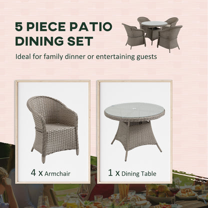 outsunny-5-pieces-outdoor-patio-pe-rattan-dining-set-four-seater-garden-furniture-4-chairs-round-table-w-umbrella-hole-mixed-grey