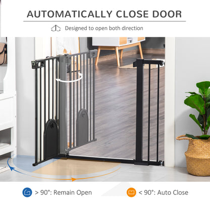 PawHut 75-103 cm Extra Wide Pet Safety Gate Barrier, Stair Pressure Fit, w/ Small Door, Auto Close, Double Locking, for Doorways, Hallways, Black