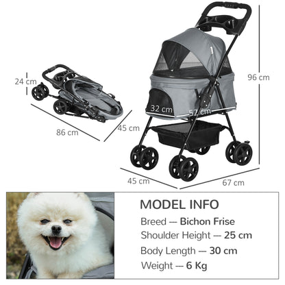 PawHut No-Zip Pet Stroller Dog Cat Travel Pushchair One-Click Fold Trolley Jogger with EVA Wheels Brake Basket Adjustable Canopy Safety Leash Grey