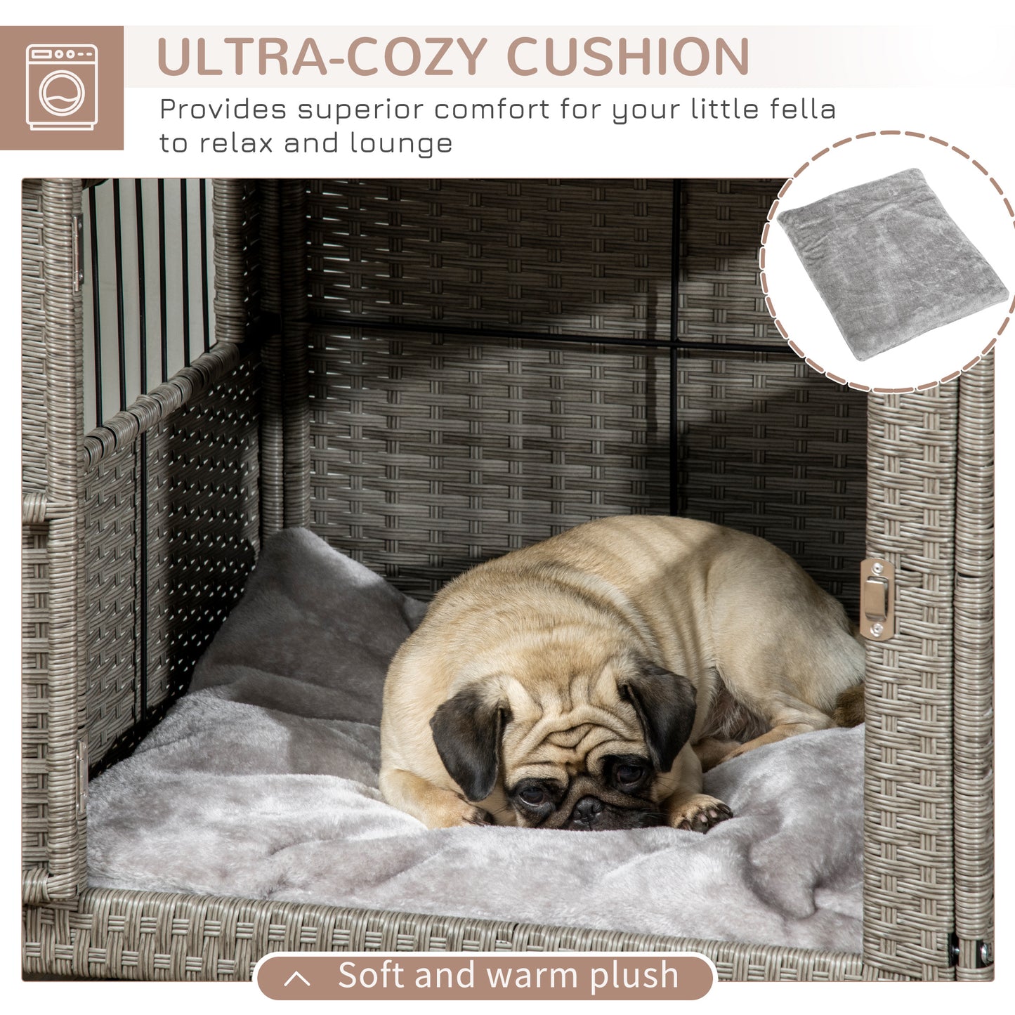 PawHut Wicker Dog Cage, Dog Crate with Lockable Door and Soft Washable Cushion for Small Sized Dogs, 62 x 59 x 66 cm, Grey