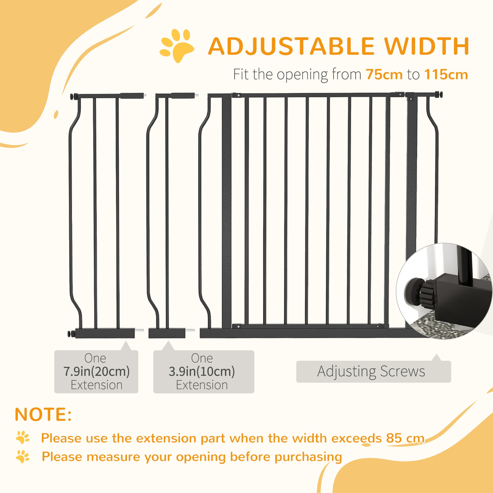 PawHut Expandable Dog Gate with Door pressure,75-115cm Doorway Pet Barrier Fence for Hallways, Staircases, Black