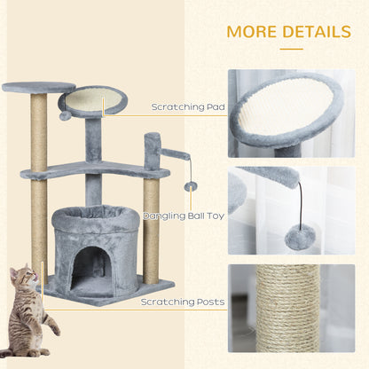 PawHut Cat Tree Tower Kitten Activity Center Scratching Post with Condo Bed Scratcher Perch Ball Toy Grey