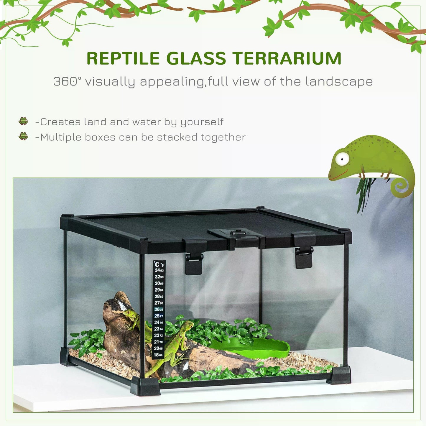 PawHut 30 x 30 x 20 cm Reptile Glass Terrarium, Reptile Breeding Tank, Climbing pet Glass Containers, Arboreal Box, with Strip Patch Thermometer-Black