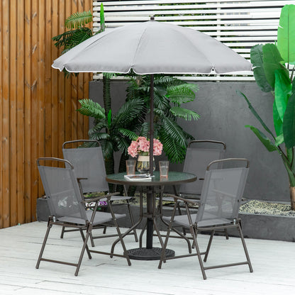 outsunny-6-piece-patio-dining-set-with-umbrella-4-folding-dining-chairs-round-tempered-glass-table-for-garden-backyard-and-poolside-grey