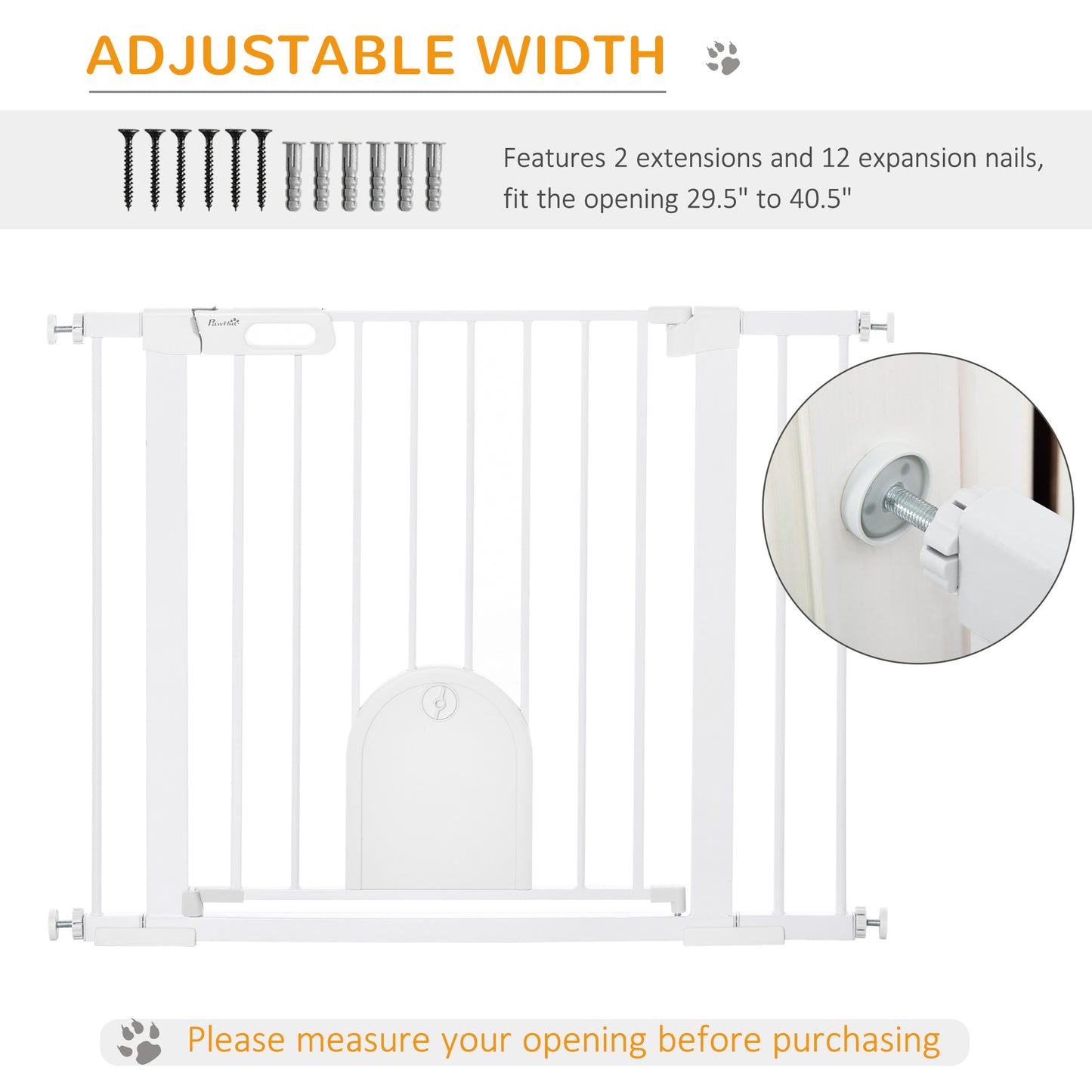 PawHut Dog Gate with Cat Flap Pet Safety Gate Barrier, Stair Pressure Fit, Auto Close, Double Locking, for Doorways, Hallways, 75-103 cm White