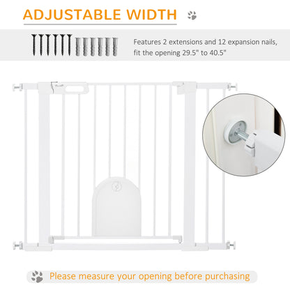 PawHut Dog Gate with Cat Flap Pet Safety Gate Barrier, Stair Pressure Fit, Auto Close, Double Locking, for Doorways, Hallways, 75-103 cm White