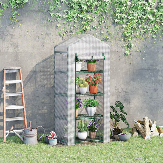 outsunny-4-tier-mini-greenhouse-portable-green-house-with-steel-frame-pe-cover-roll-up-door-70-x-50-x-160-cm-white