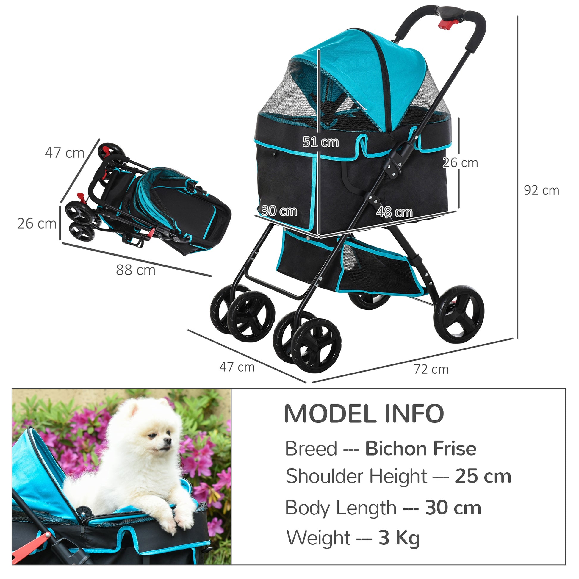 PawHut Pet Stroller Pushchair Travel One-Click Fold Trolley with EVA Wheels Brake Removable Cloth Basket Bottle Holder Adjustable Canopy Safety Leash