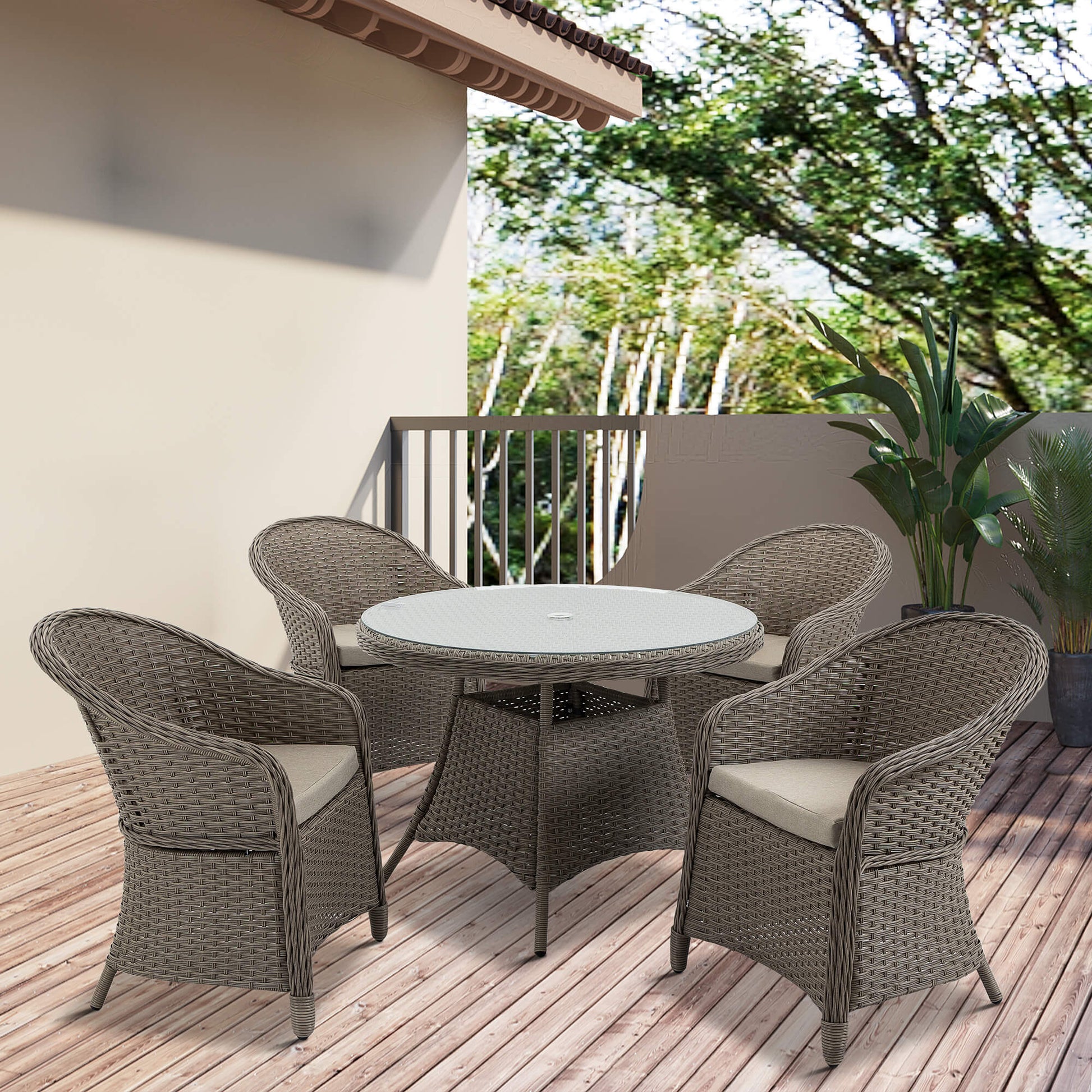 outsunny-5-pieces-outdoor-patio-pe-rattan-dining-set-four-seater-garden-furniture-4-chairs-round-table-w-umbrella-hole-mixed-grey