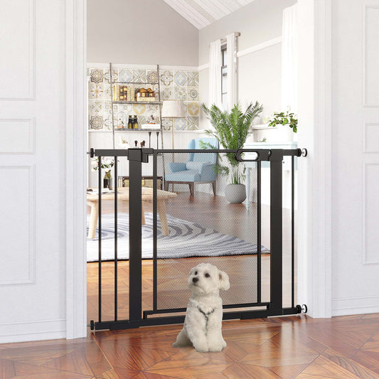 PawHut Pressure Fit Safety Gate for Doors and Stairs, Dog Gate with Auto Close, Pet Barrier for Hallways, with Double Locking, 2 Extensions Kit Black