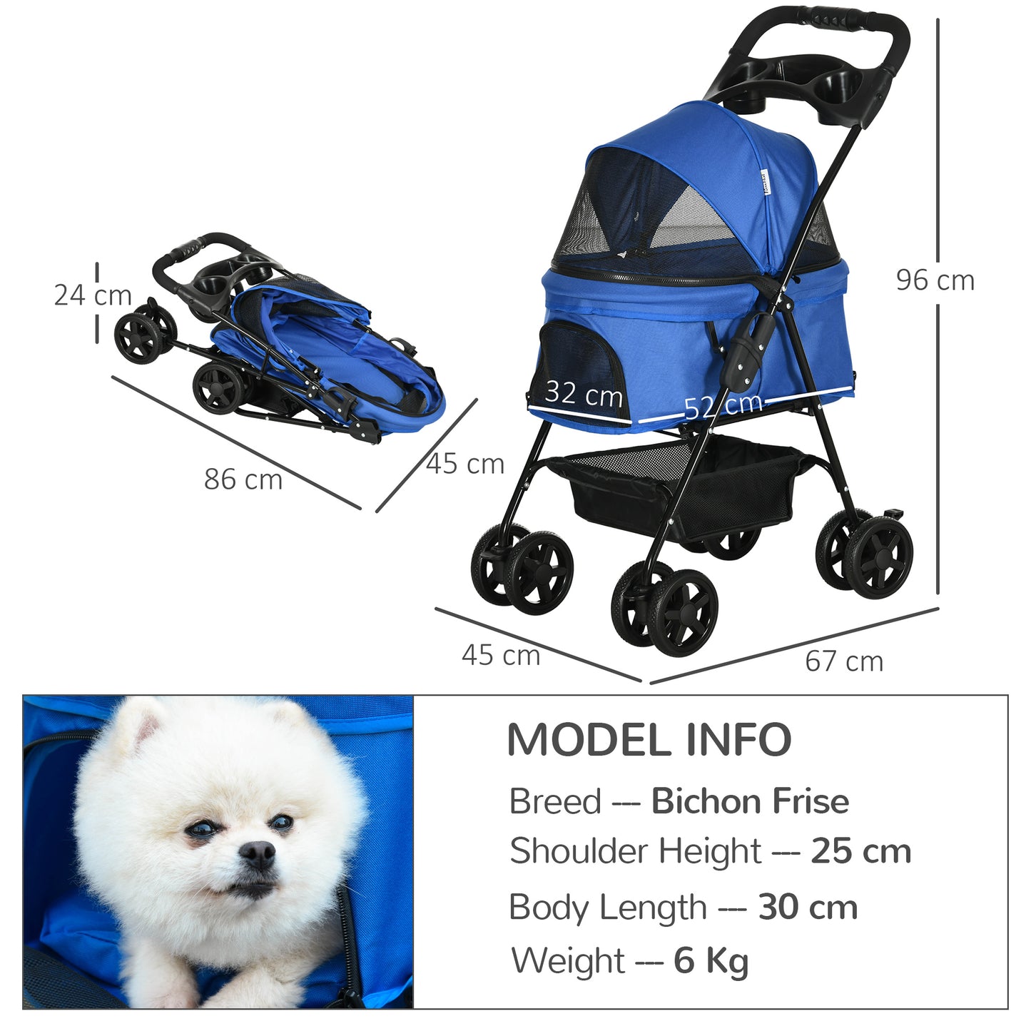 PawHut Pet Stroller Dog Cat Travel Pushchair One-Click Fold Trolley Jogger with EVA Wheels Brake Basket Adjustable Canopy Safety Leash Blue