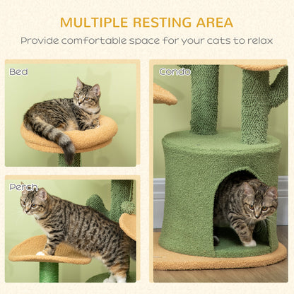 PawHut Cactus Cat Tree, 83cm Cat Climbing Tower, kitten Activity Centre with Teddy Fleece House, Bed, Sisal Scratching Post and Hanging Ball, Green