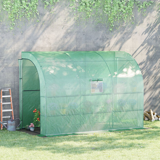 outsunny-walk-in-lean-to-wall-greenhouse-with-windows-and-doors-2-tiers-6-wired-shelves-300l-x-150w-x-215hcm-green