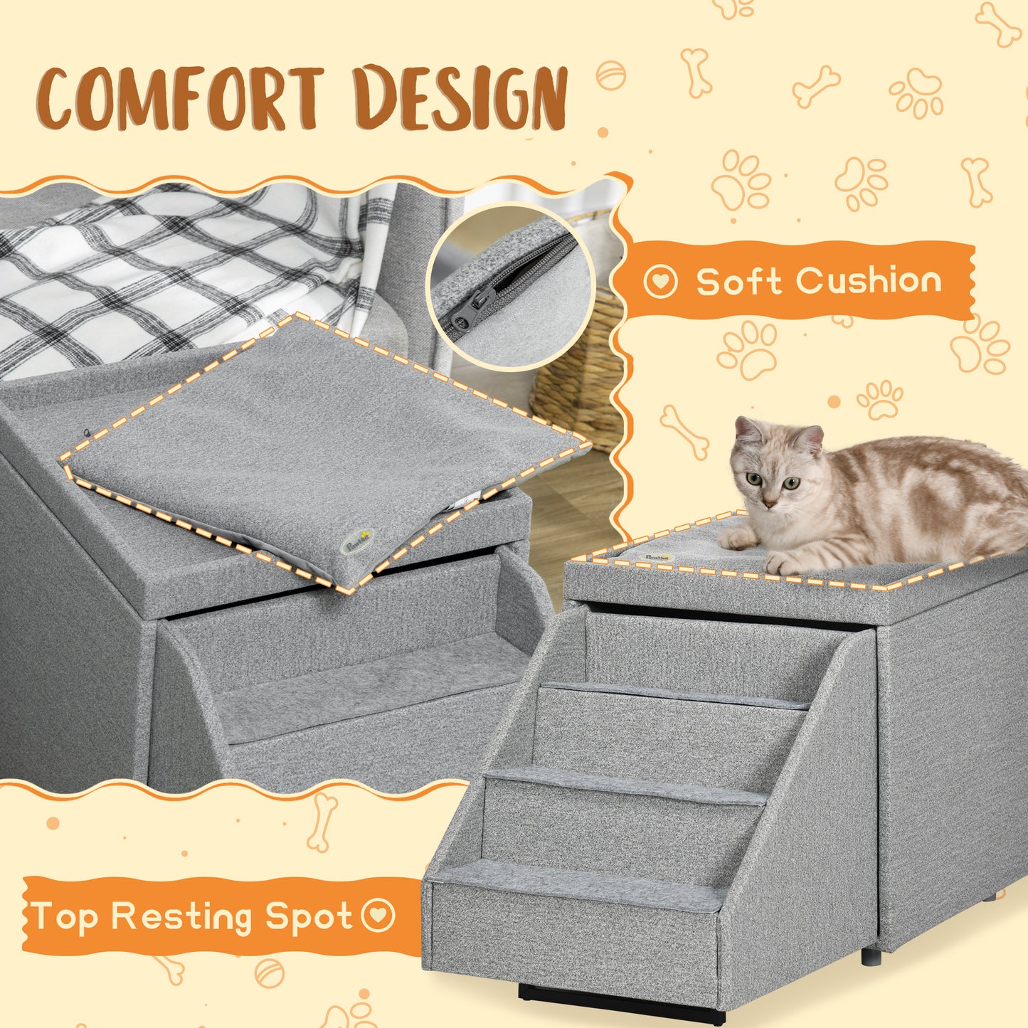 PawHut 2 in 1 Dog Steps Ottoman, 4-Tier Pet Stairs for Small Medium Dogs and Cats, with Storage Compartment