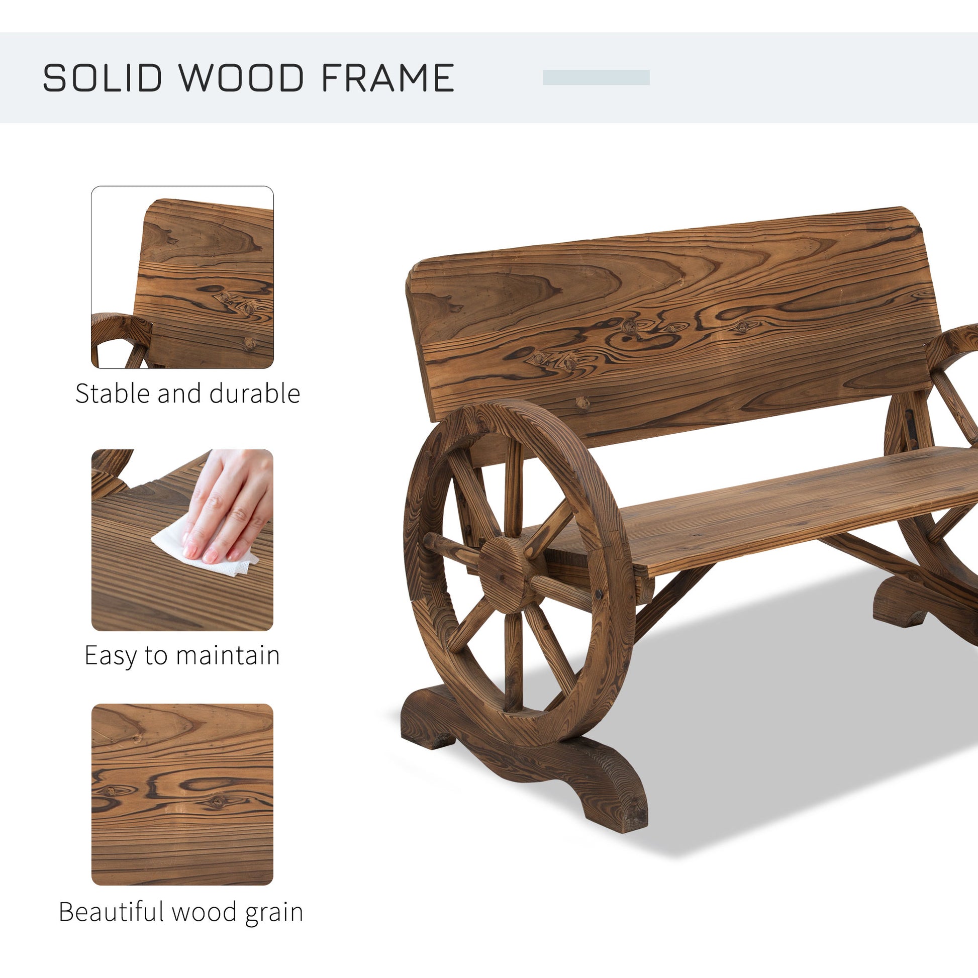 outsunny-wooden-cart-wagon-wheel-2-seater-garden-bench-outdoor-chair-rustic-high-back-loveseat-burnt-stained