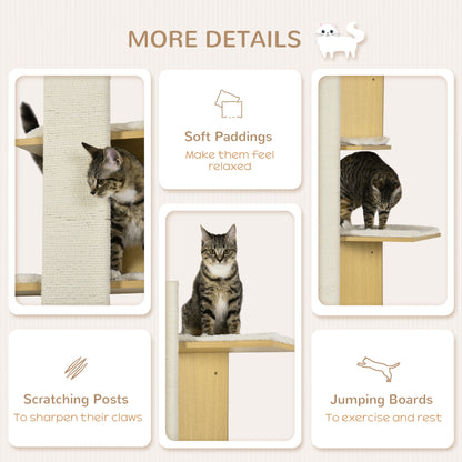 PawHut Cat Tree for Indoor Cats, 4-Layer Wall-Mounted Shelf, Kitten Perch Climber Furniture with Cushions and Scratching Board, Oak