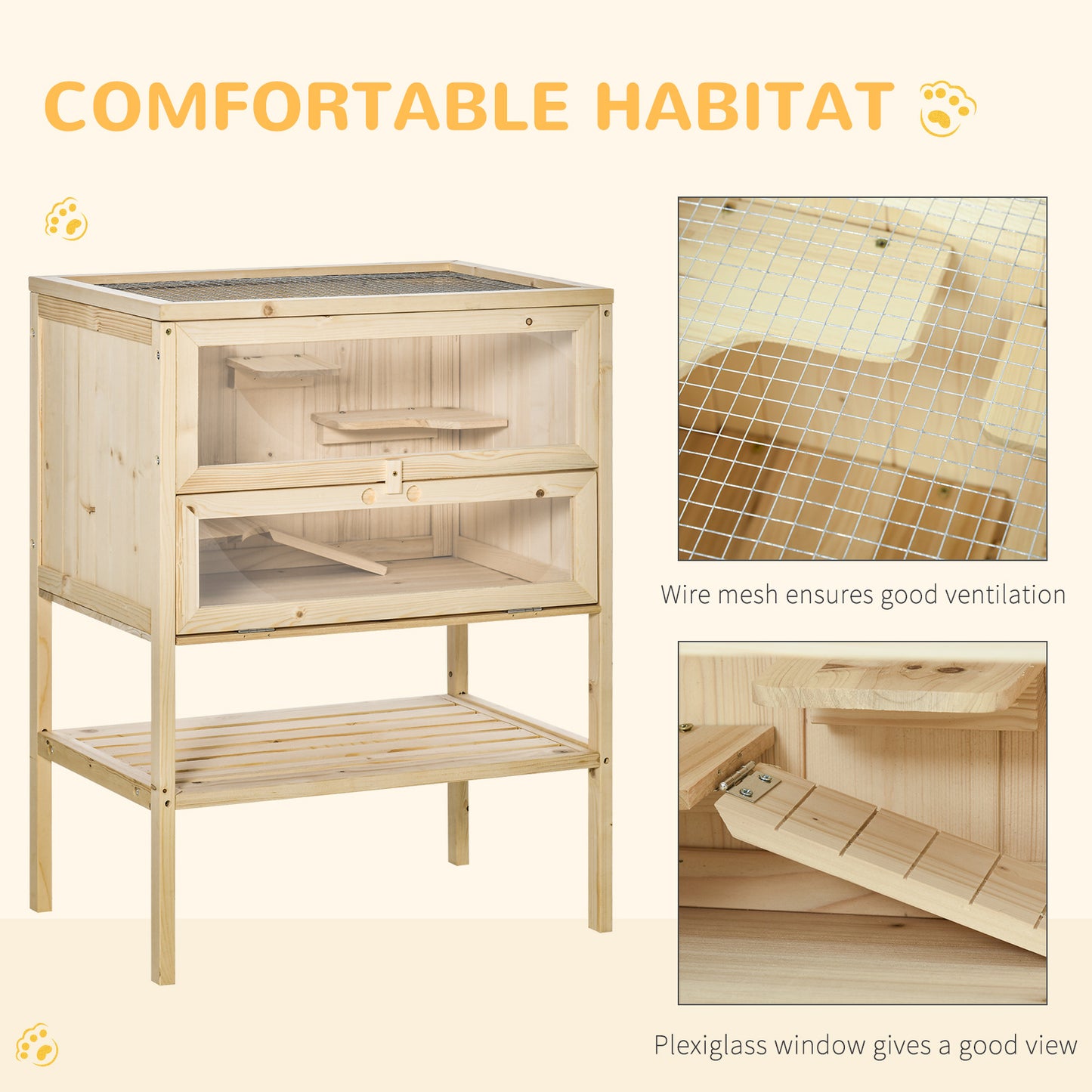 Pawhut 3 Tiers Wooden Hamster Cage Fir Wood Mouse Guinea Rodent Mice House Pet Play Small Animals 60L×40W×80H cm