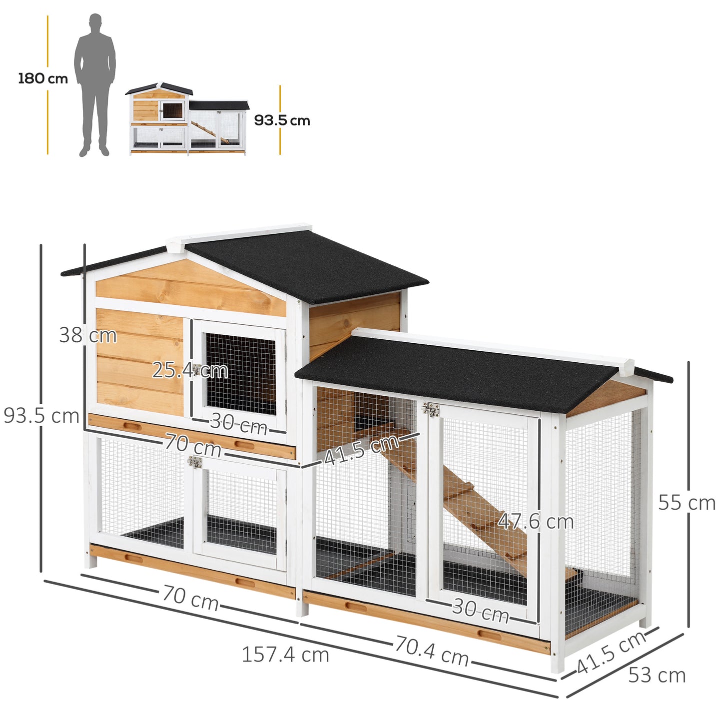 PawHut 2-Tier Rabbit Hutch Wooden Guinea Pig House Pet Cage Outdoor w/ Sliding-out Tray Ramp, 157.4x53x93.5cm, Yellow