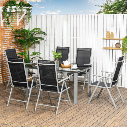 outsunny-7-piece-garden-dining-set-outdoor-table-and-6-folding-and-reclining-chairs-aluminium-frame-tempered-glass-top-table-texteline-seats-black