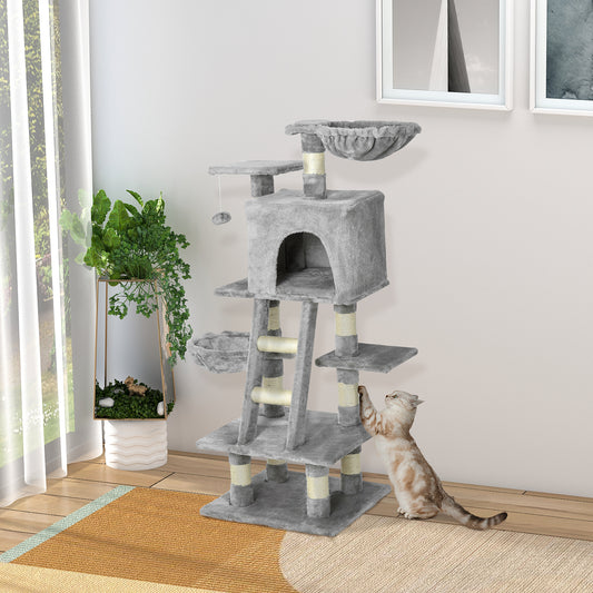 PawHut 1.2m Plush Cat Tree Activity Center with Sisal Scratching Posts Basket Perch Condo, Light Gray