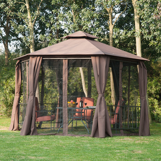 outsunny-hexagon-gazebo-patio-canopy-party-tent-outdoor-garden-shelter-w-2-tier-roof-side-panel-brown