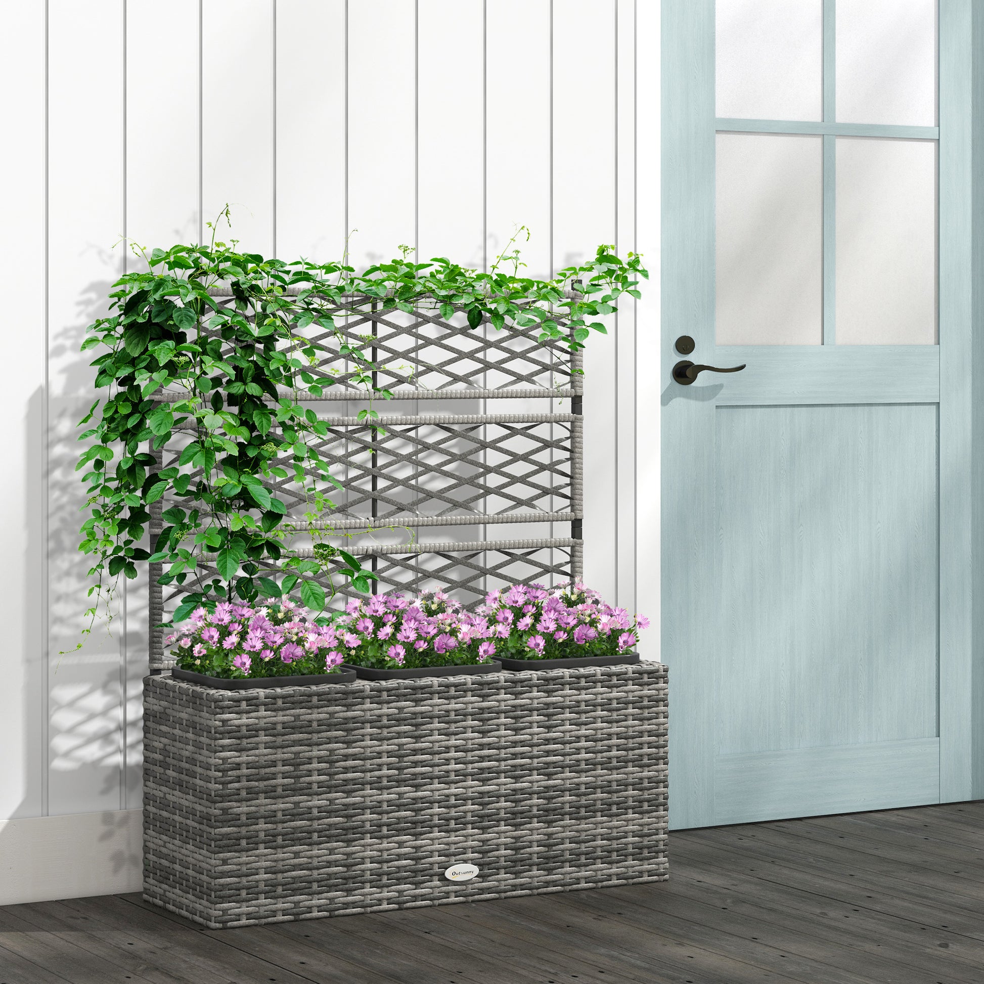 outsunny-33l-garden-pe-rattan-planter-w-trellis-free-standing-flower-raised-bed-garden-planter-for-climbing-plants-84-x-30-x-107cm-light-grey