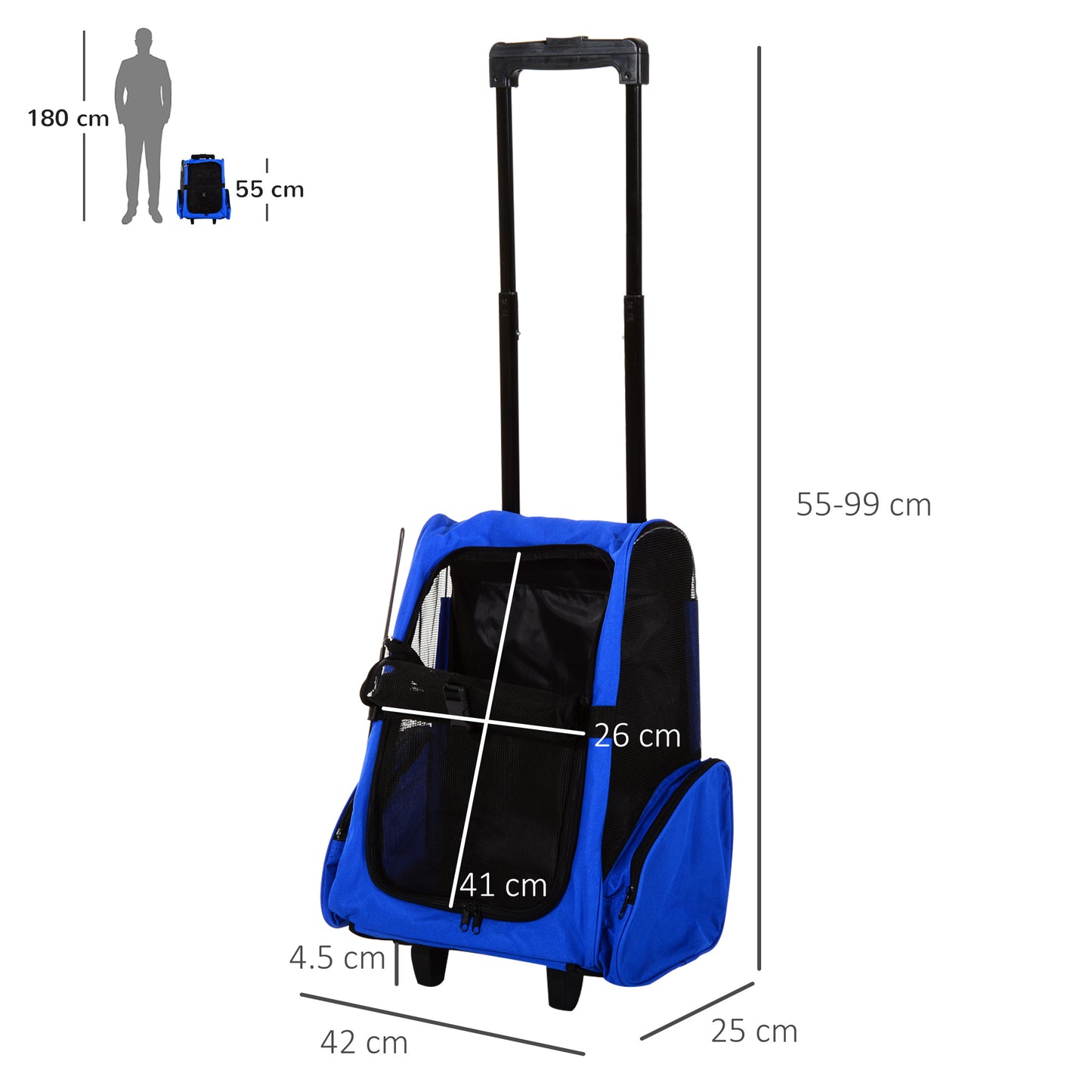 PawHut Pet Carrier Travel Backpack Bag Cat Carrier Puppy Dog Bag w/ Trolley, Telescopic Handle Portable Stroller Wheel, 42 x 25 x 55 cm, Blue