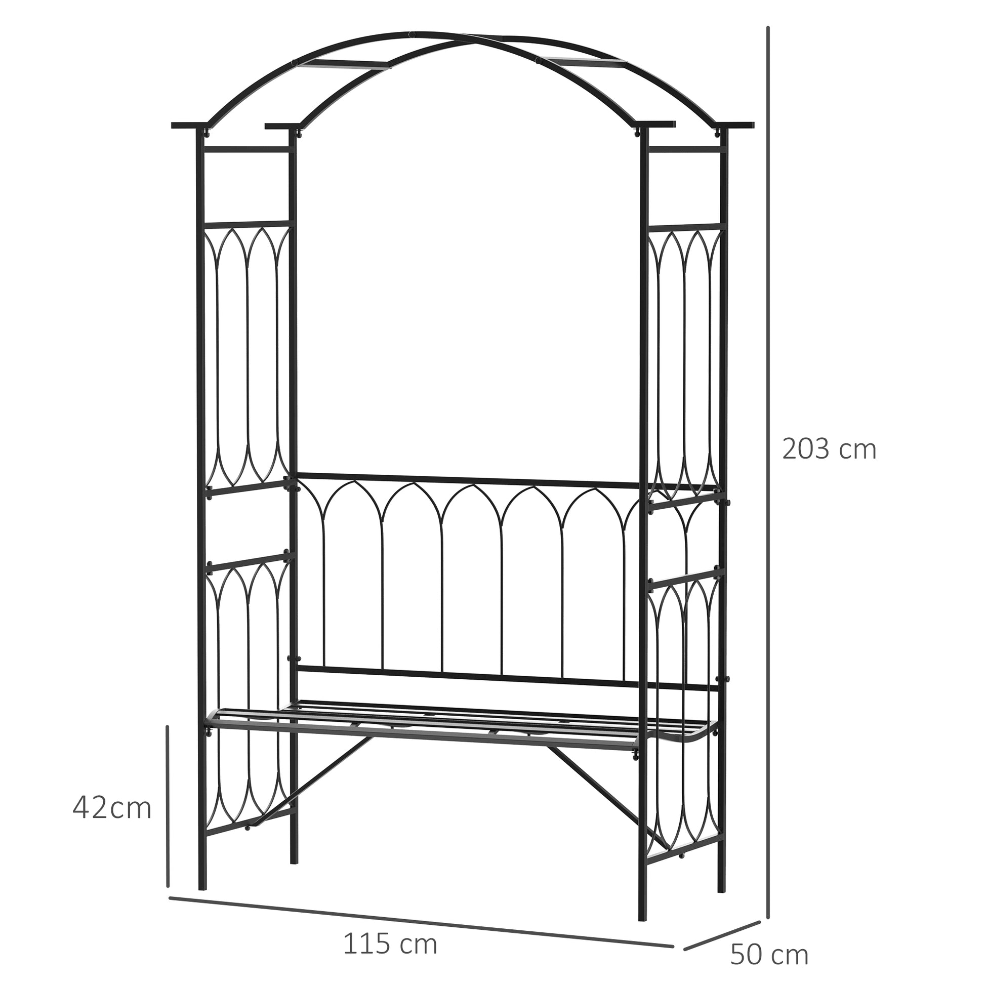 outsunny-garden-metal-arch-bench-outdoor-2-seater-chair-patio-rose-trellis-arbour-pergola-for-climbing-plant-vintage-classic-black-115x50x203h-cm