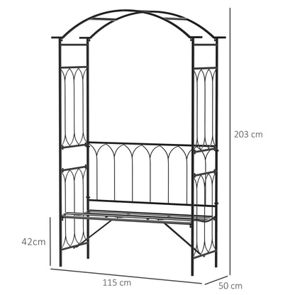 outsunny-garden-metal-arch-bench-outdoor-2-seater-chair-patio-rose-trellis-arbour-pergola-for-climbing-plant-vintage-classic-black-115x50x203h-cm