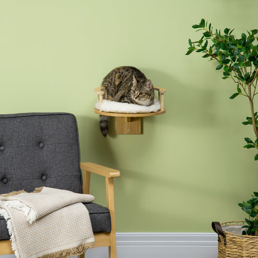 PawHut Cat Shelf Wall Mounted Cat Tree Kitten Bed Cat Perch with Cushion, Guardrails for Indoor Cats, 34 x 34 x 10.5 cm, Beige