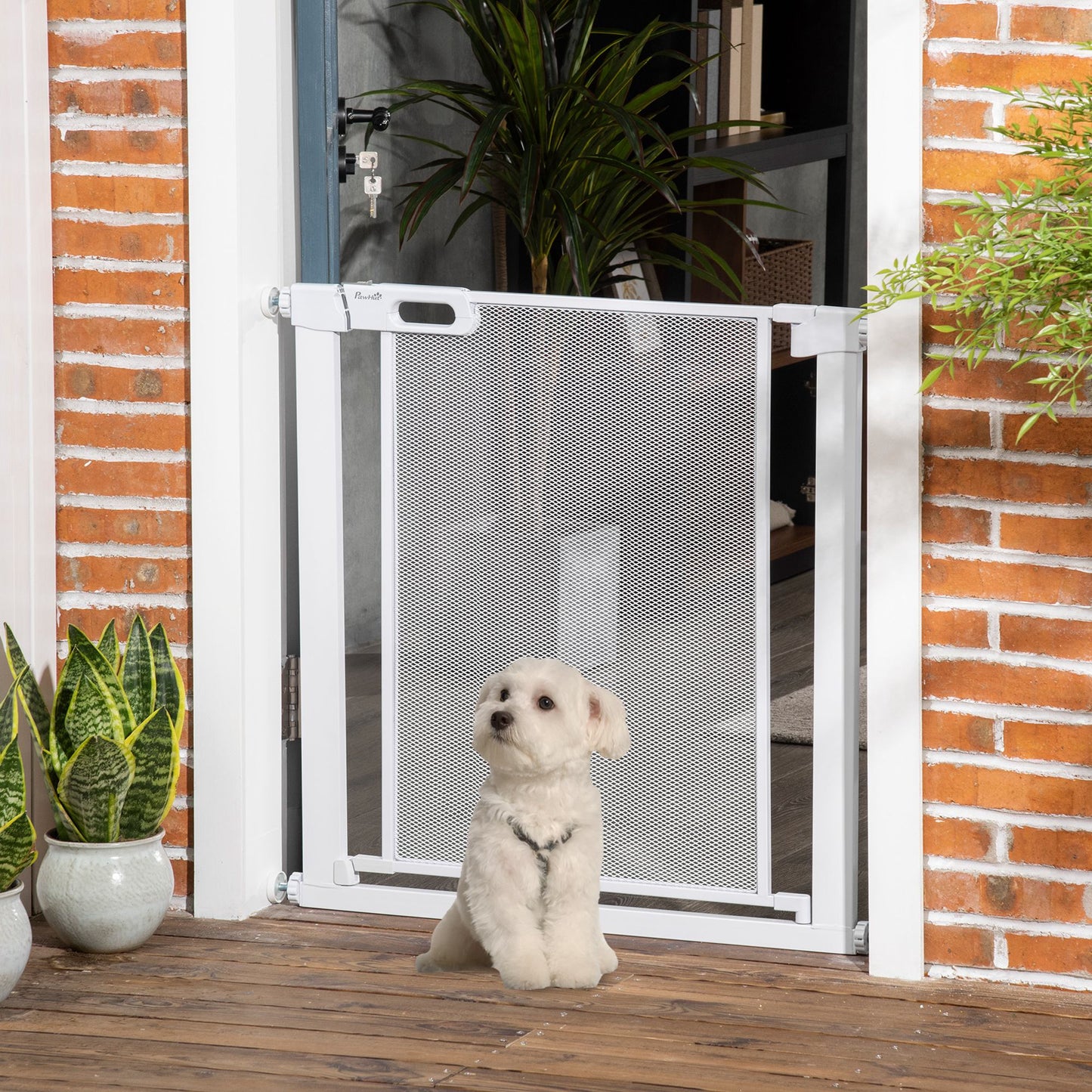 PawHut Pressure Fit Safety Gate for Doors and Stairs, Dog Gate with Auto Close, Pet Barrier for Hallways, with Double Locking Openings 75-82 cm White