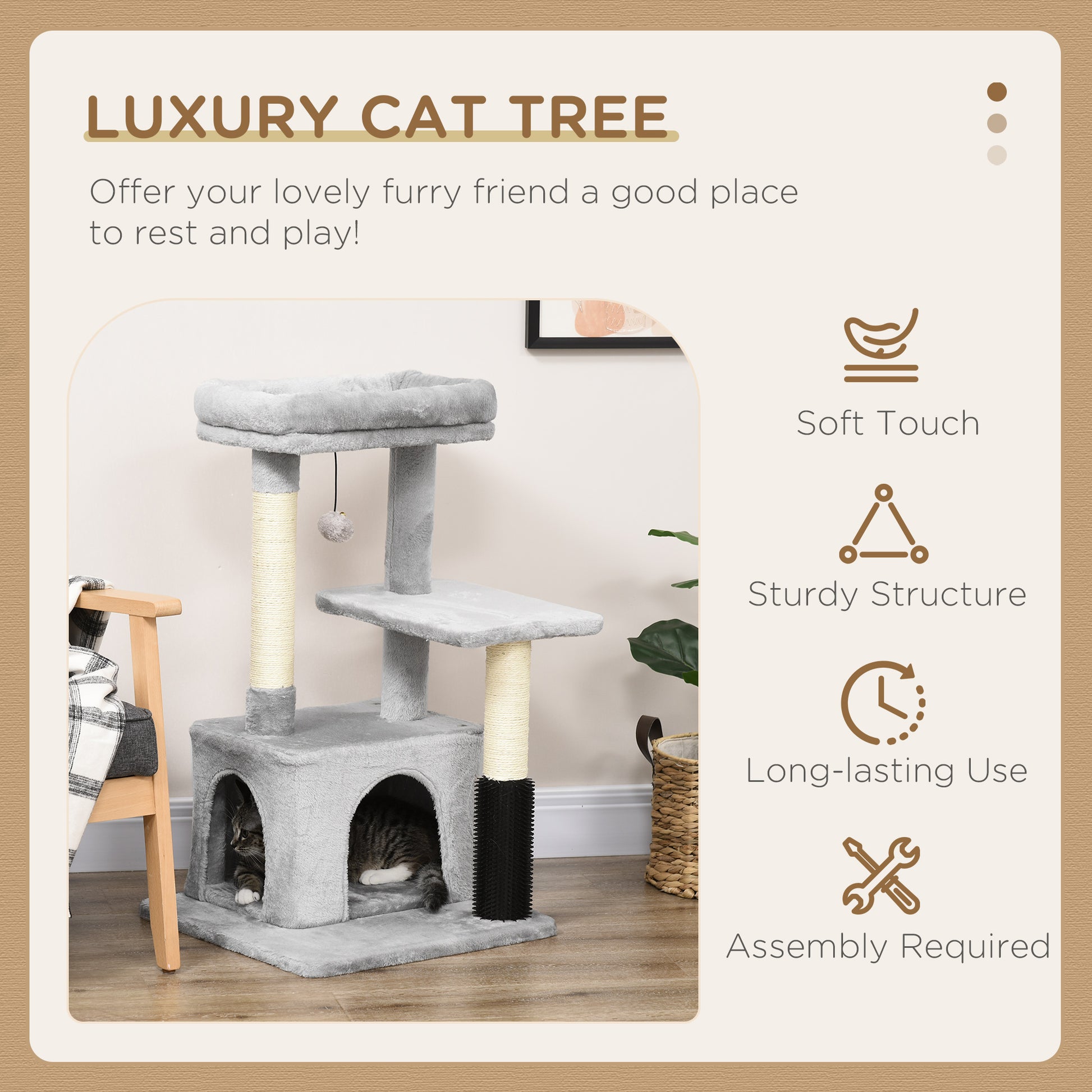 PawHut Cat Tree Tower Climbing Activity Center Kitten Furniture with Sisal Post Scratching Massage Toy 48 x 48 x 80cm Light Grey