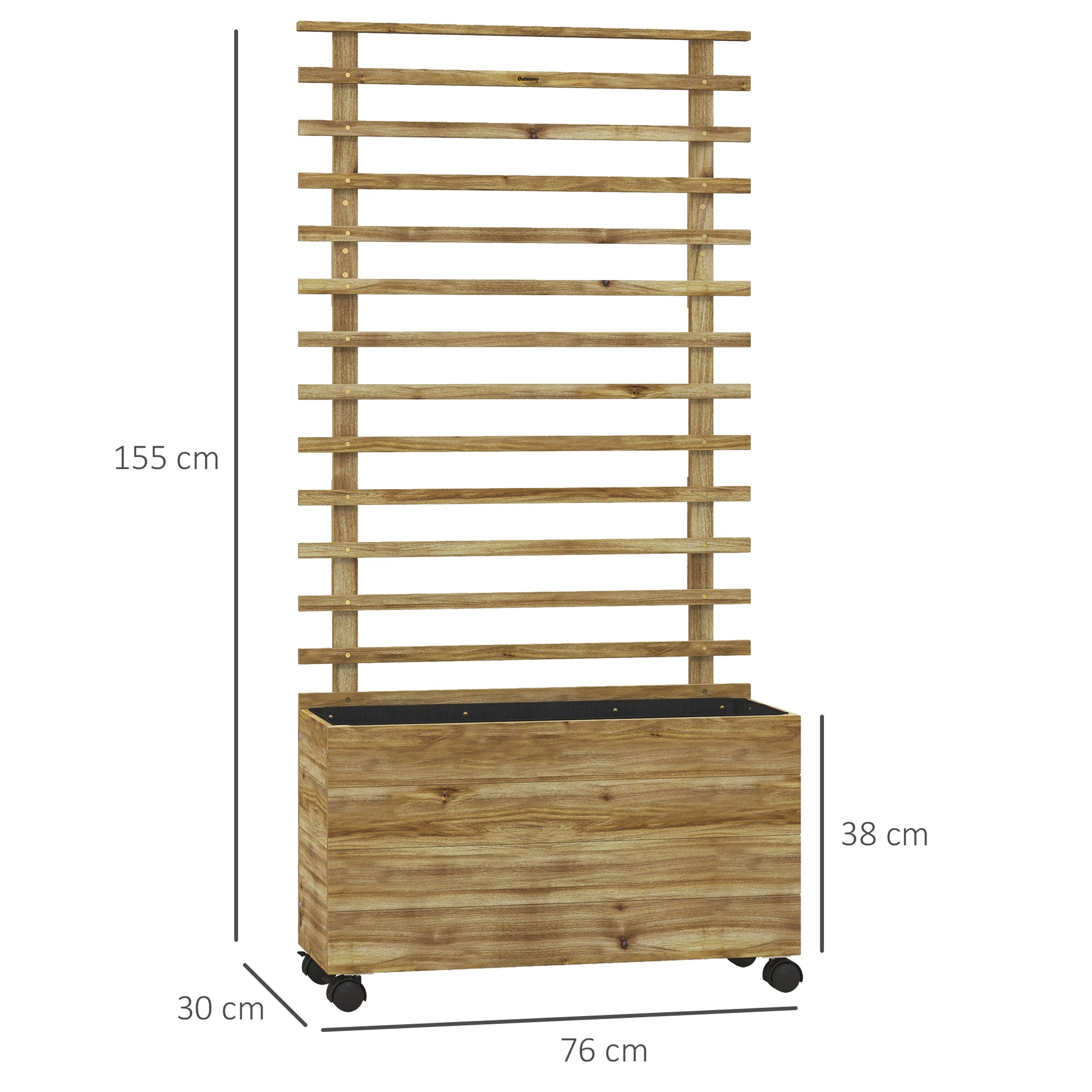 outsunny-wooden-garden-raised-bed-with-trellis-planter-box-with-4-wheels-for-climbing-plants-76x30x155cm-natural