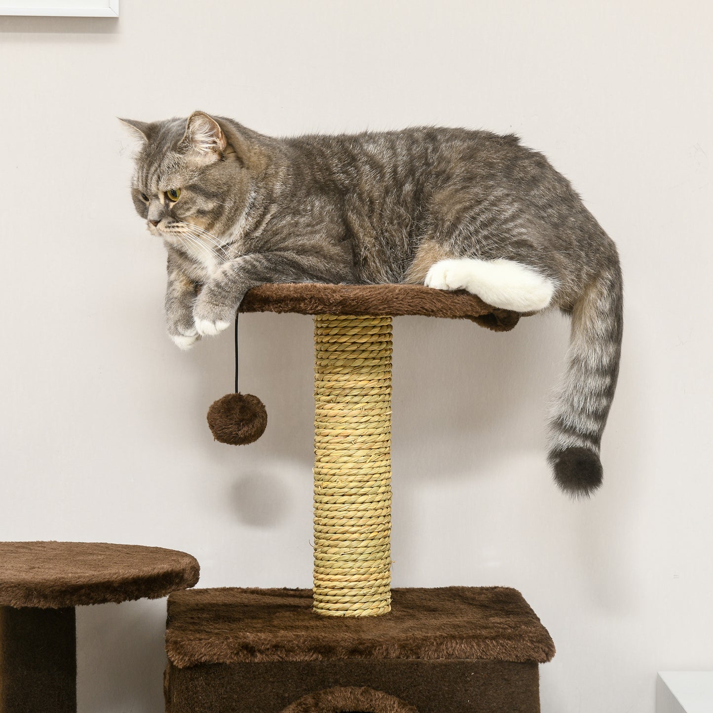 PawHut 136cm Cat Tree for Indoor Cats, Modern Cat Tower with Scratching Posts, house, Platforms, Toy Ball - Brown