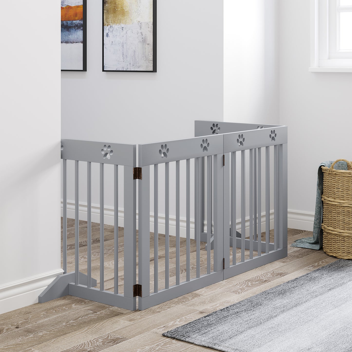 PawHut Pet Gate 4 Panel Wooden Dog Barrier Freestanding Folding Safety Fence with Support Feet up to 204cm Long 61cm Tall Light Grey