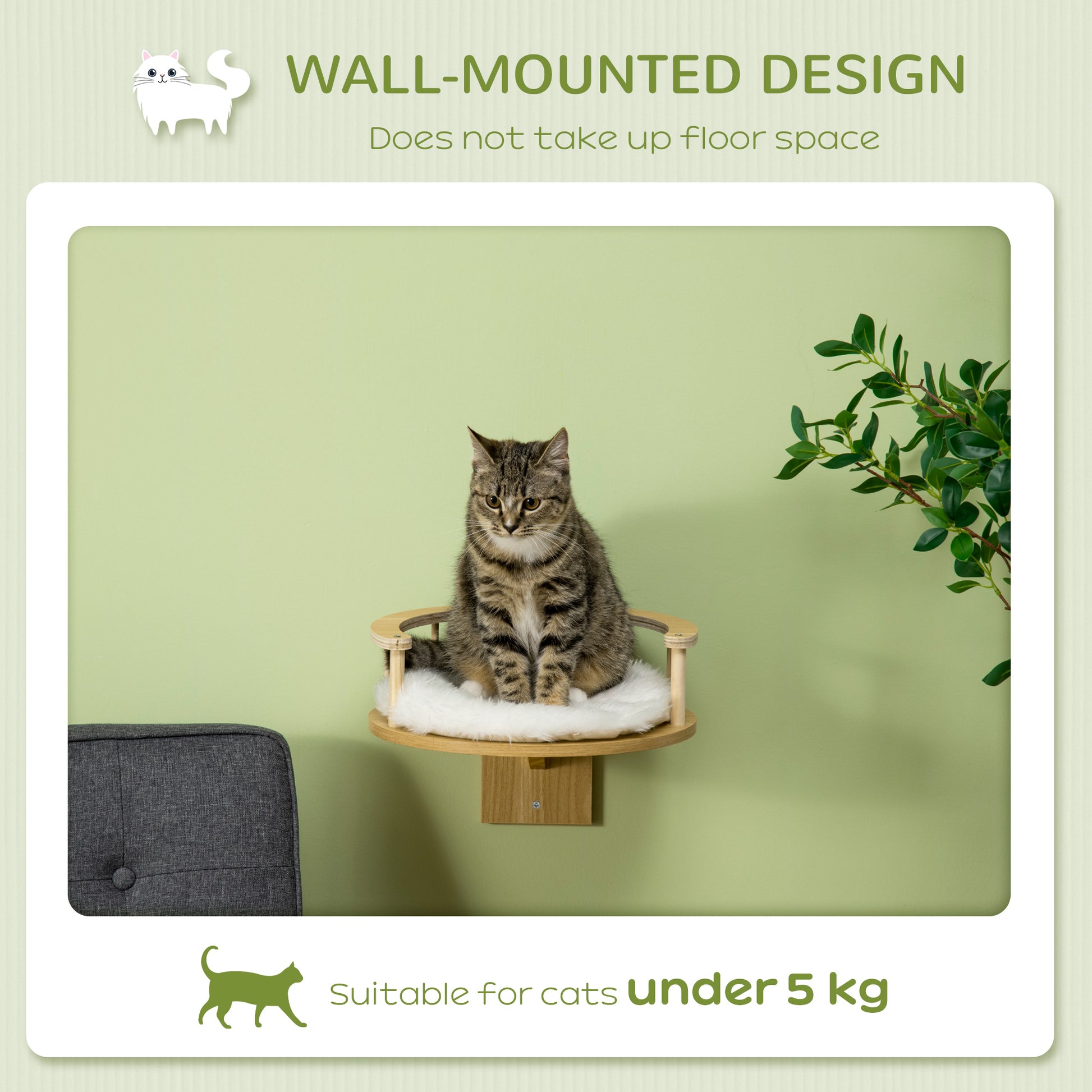 PawHut Cat Shelf Wall Mounted Cat Tree Kitten Bed Cat Perch with Cushion, Guardrails for Indoor Cats, 34 x 34 x 10.5 cm, Beige