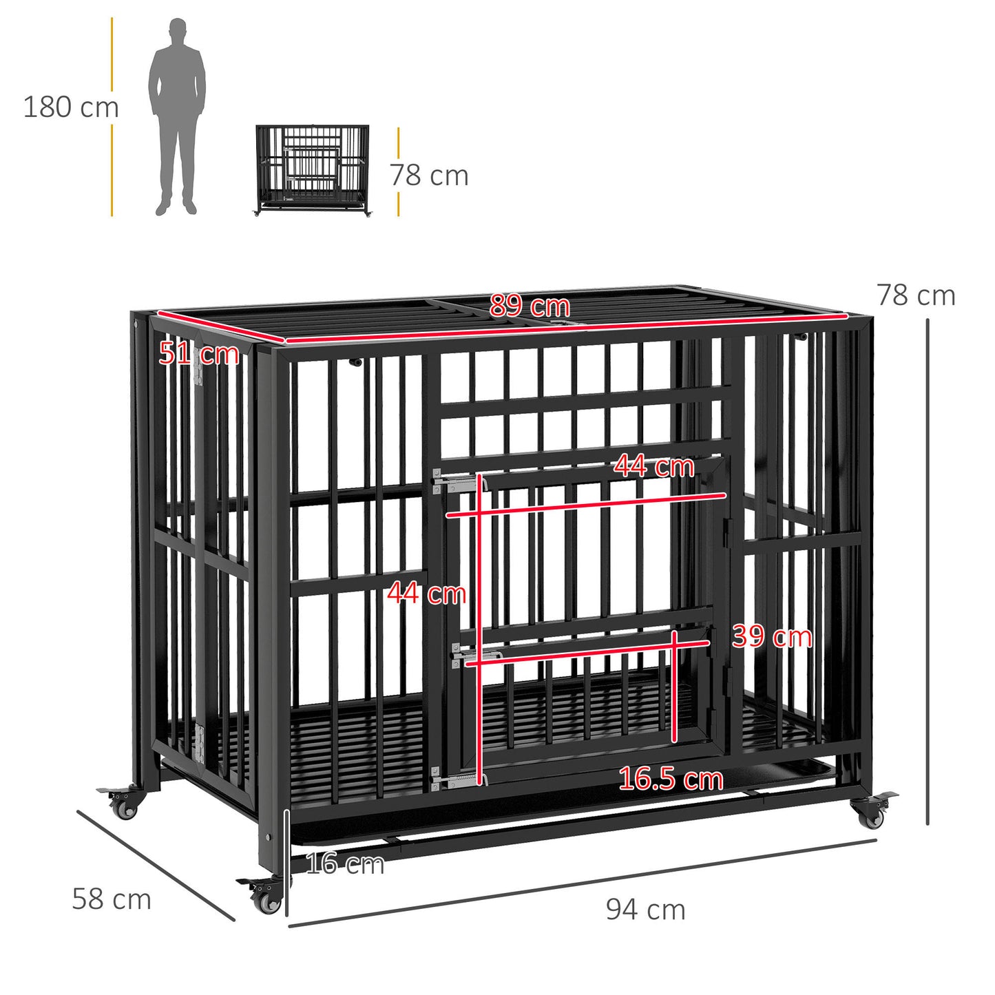 PawHut 37" Heavy Duty Dog Crate, Foldable Dog Cage, with Openable Top, Locks, Removable Tray, Wheels - Black