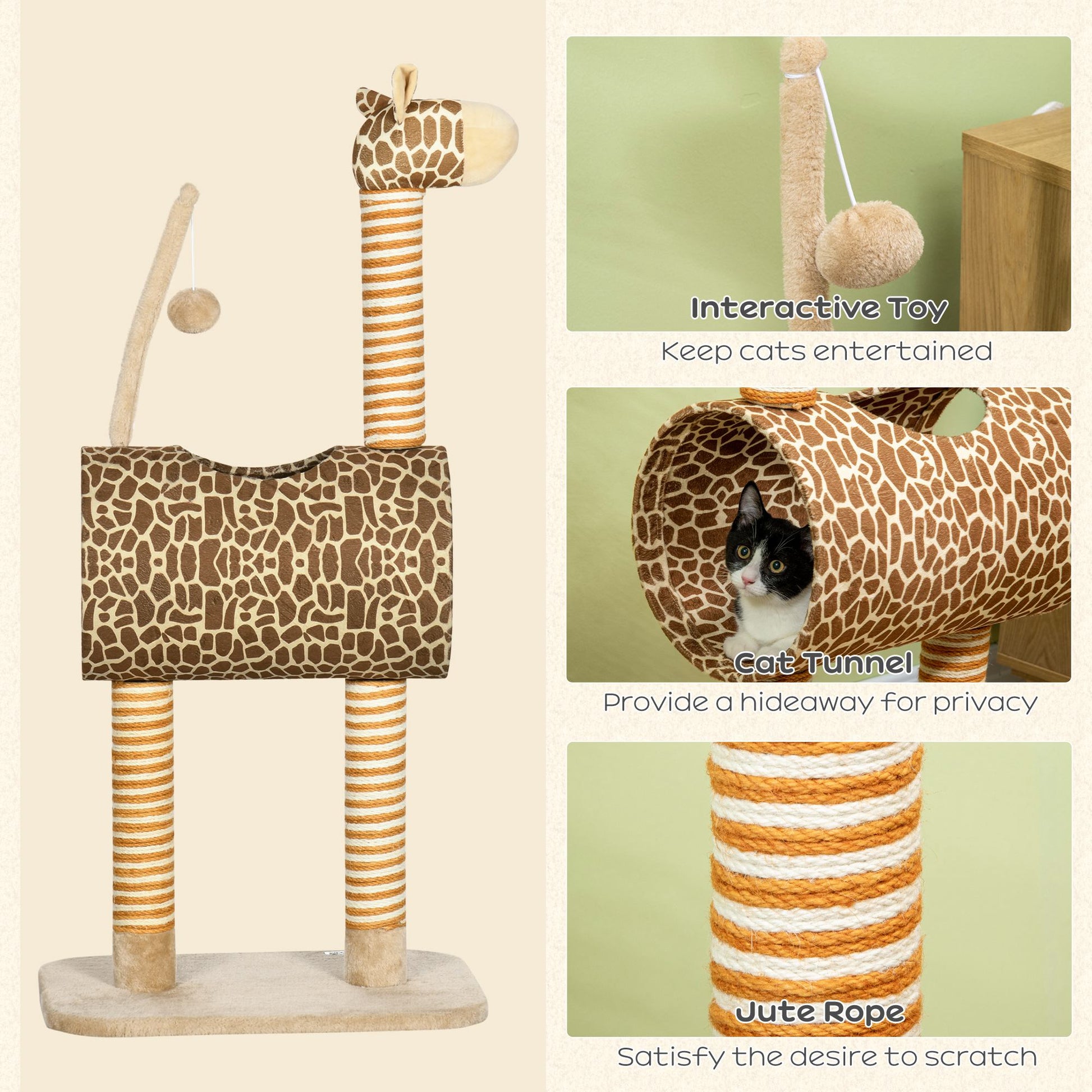 PawHut Cat Tree for Indoor Cats Cute Giraffe Kitten Play Tower with Scratching Posts Tunnel Ball Toy, 48.5 x 34.5 x 101 cm