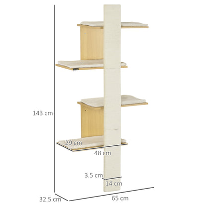 PawHut Cat Tree for Indoor Cats, 4-Layer Wall-Mounted Shelf, Kitten Perch Climber Furniture with Cushions and Scratching Board, Oak