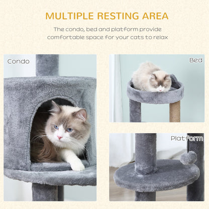 PawHut 3-Tier 104 cm Cat Tree, Cat Condo Tree Tower, Deluxe Cat Activity Tree w/ Scratching Posts Play Ball Plush Fun Toy Relax Climb, Grey