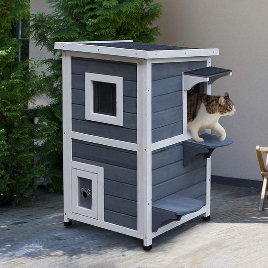 PawHut Solid Wood 2-Floor Cat Condo Kitten Shelter with Window