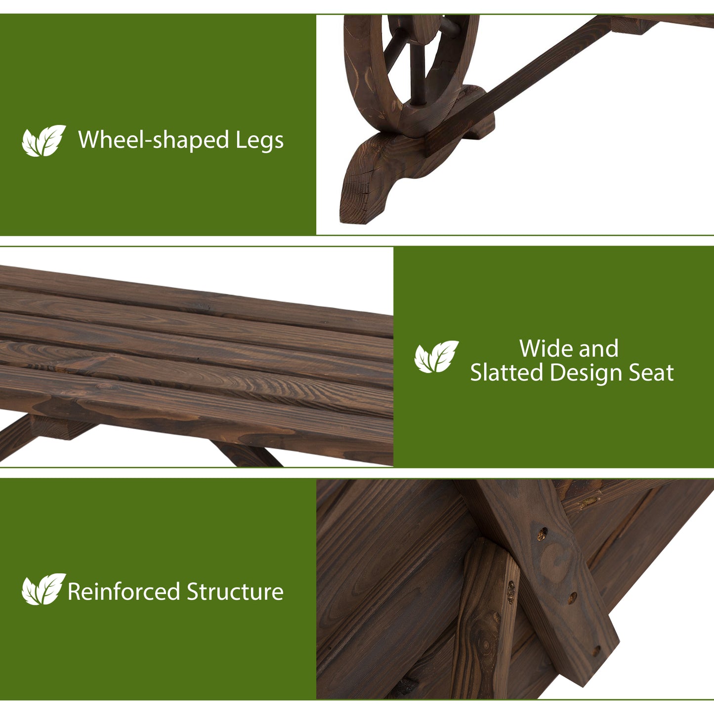 outsunny-garden-rustic-wooden-bench-wheel-shaped-legs-slatted-seats-stable-reinforced-structure-outdoor-patio-garden-2-person-bench-seat-brown