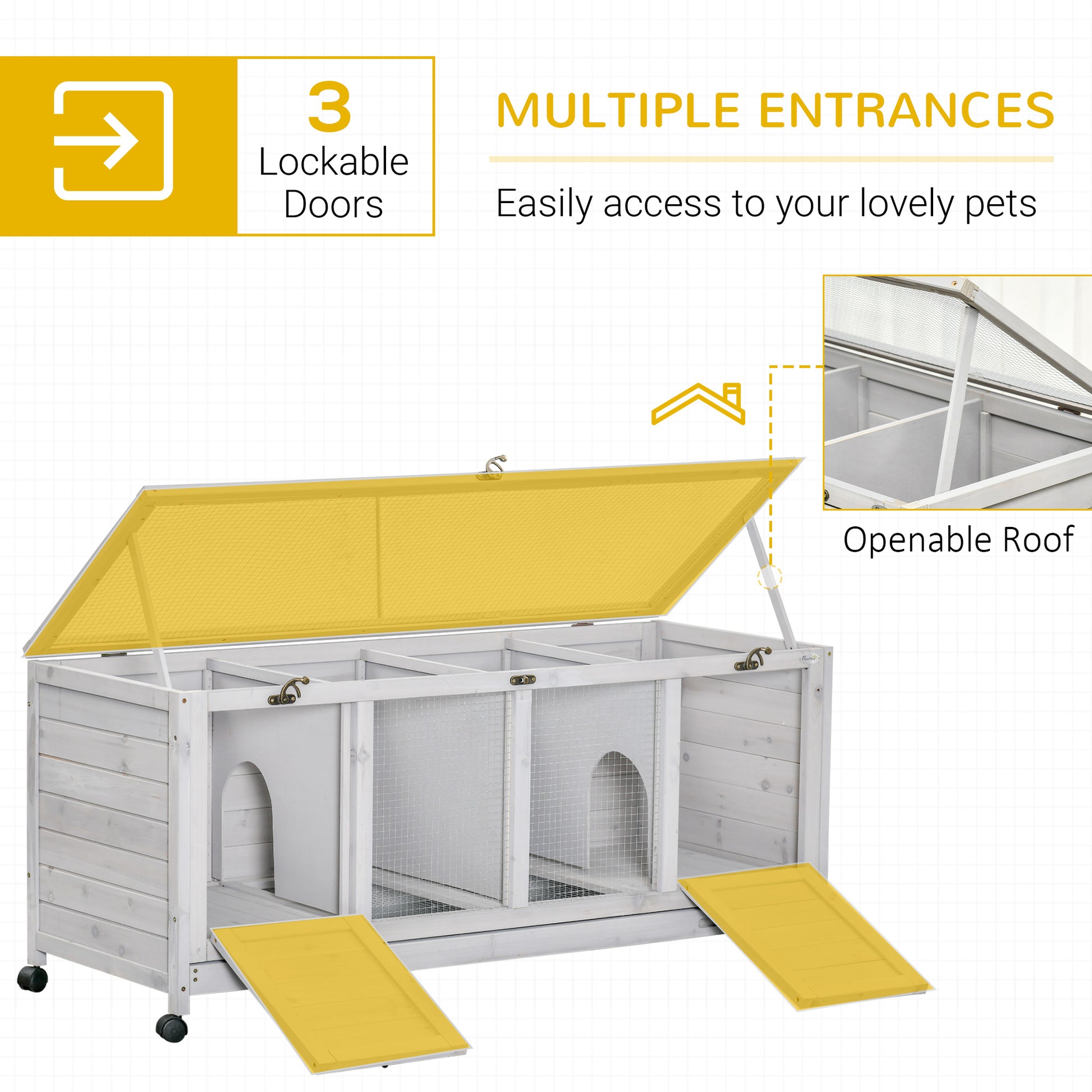 PawHut Wooden Rabbit Hutch, Mobile Guinea Pig Cage, Separable Bunny Run, Small Animal House with Wheels, Slide-out Tray, 138 x 53 x 61cm, Light Grey