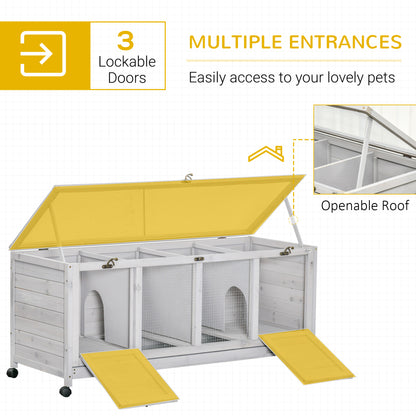 PawHut Wooden Rabbit Hutch, Mobile Guinea Pig Cage, Separable Bunny Run, Small Animal House with Wheels, Slide-out Tray, 138 x 53 x 61cm, Light Grey