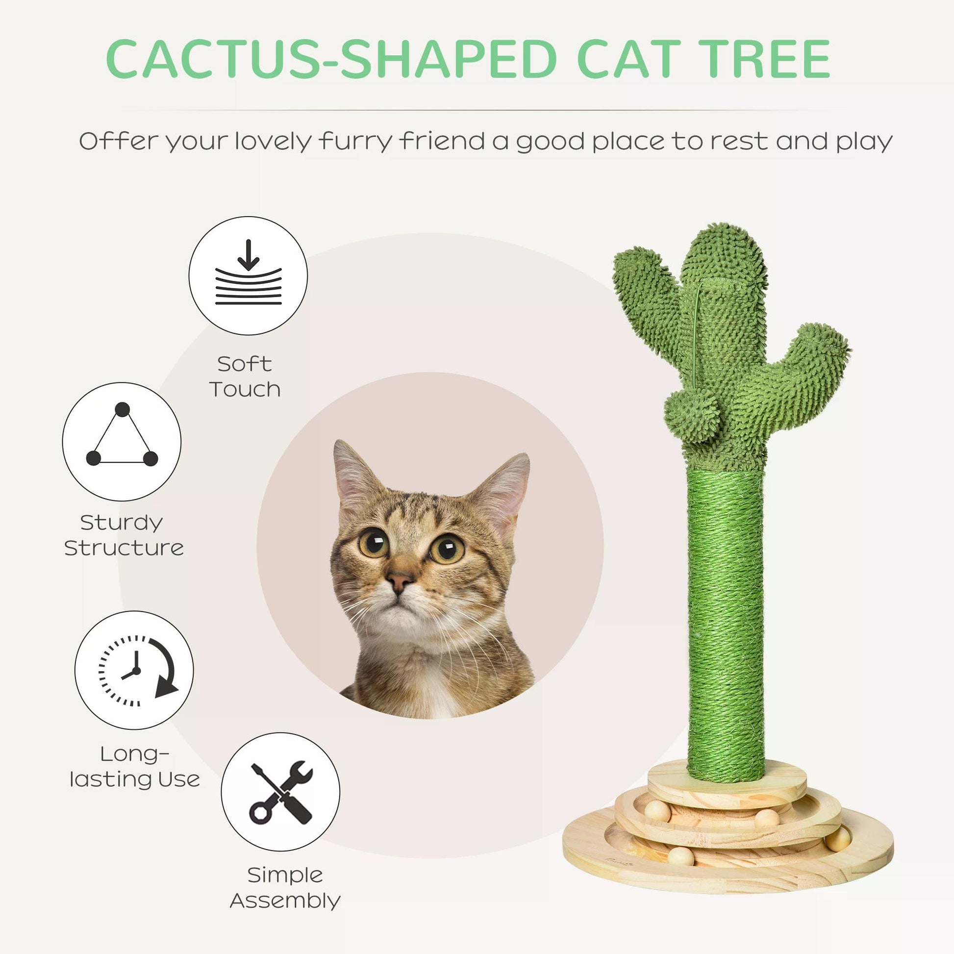 PawHut Cat Tree Cactus-shaped Tower Kitten Furniture with Sisal Scratching Post Hanging Ball Funny Cat Ball Platform 32 x 32 x 60cm Green