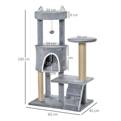 PawHut 100cm Cat Tree Tower Condo Multi Platform Kitty Cat Center with Climbing Ladder Scratching Post Hanging Toy Ball, Light Grey