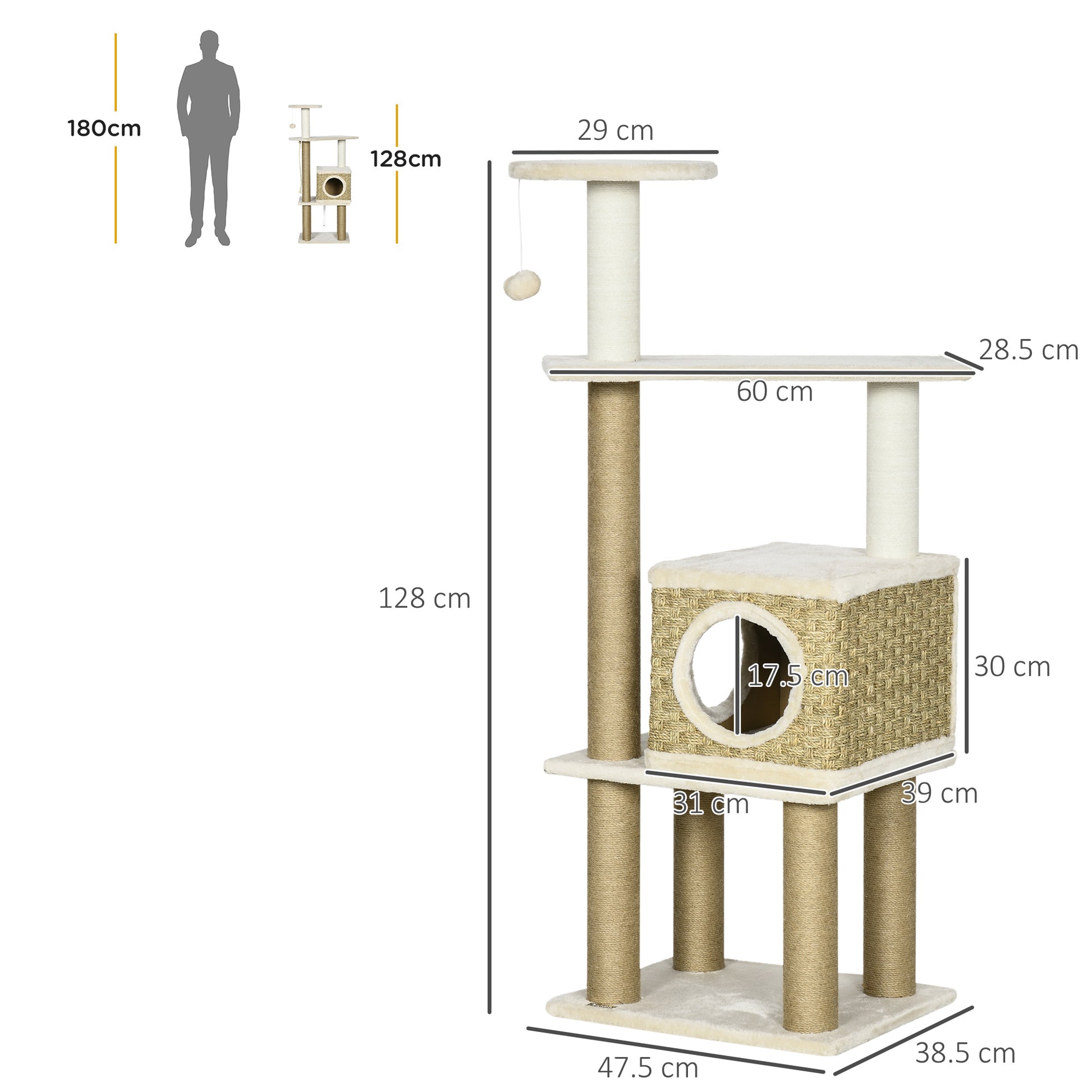 PawHut Cat Tree, Climbing Kitten Cat Tower Activity Center for Indoor Cats with Jute Scratching Post, Condo, Kitten Stand, Hanging Ball Toy, Beige