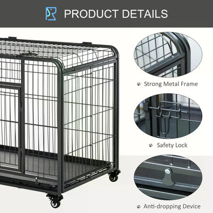 PawHut Heavy Duty Dog Crates Foldable Doge Kennel and Dog Cage Pet Playpen with Double Doors Removable Tray Lockable Wheels 125cm x 76cm x 81cm.