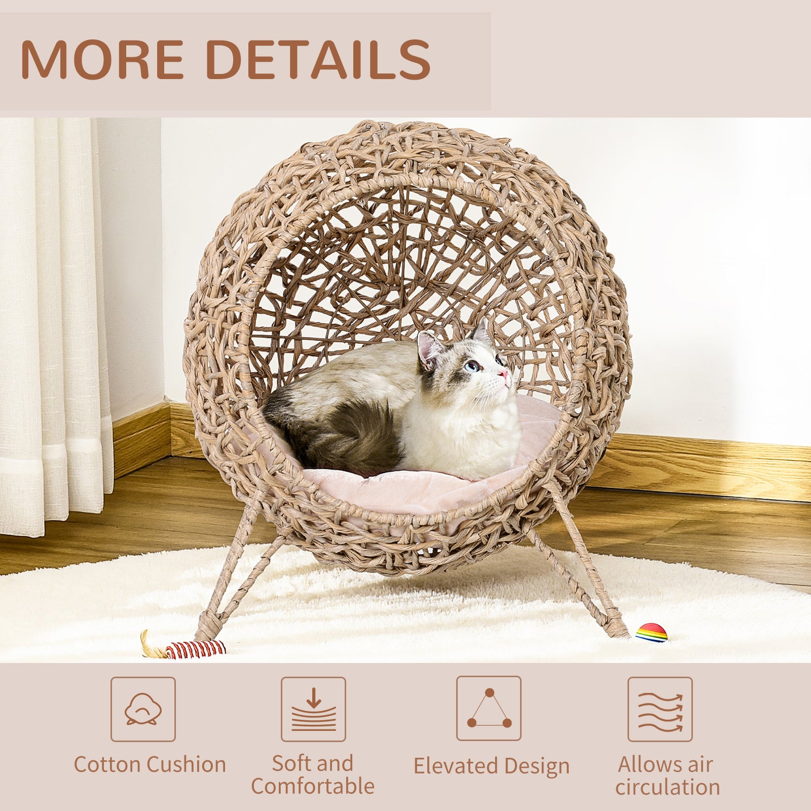 PawHut Wicker Cat Bed, Ball-Shaped Rattan Elevated Cat Basket with Three Tripod Legs, Cushion, Natural Wood Finish