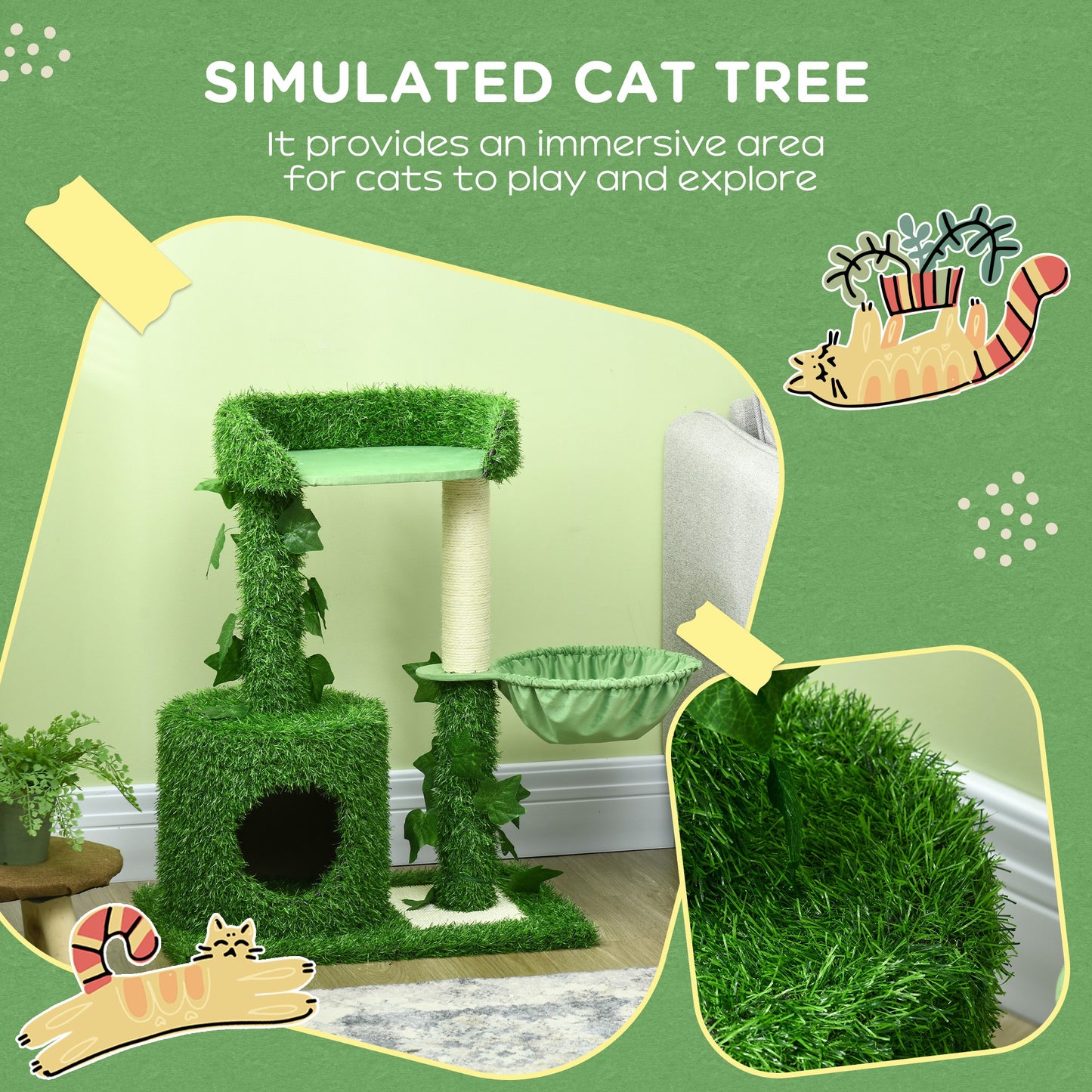 PawHut 77cm Cat Tree for Indoor Cats with Green Leaves, Multi Levels Cat Climbing Tree with Sisal Scratching Posts, Perch Hammock, Condo Green